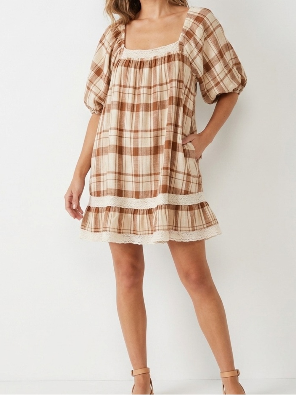 Cream and Brown Plaid Peasant Blouse